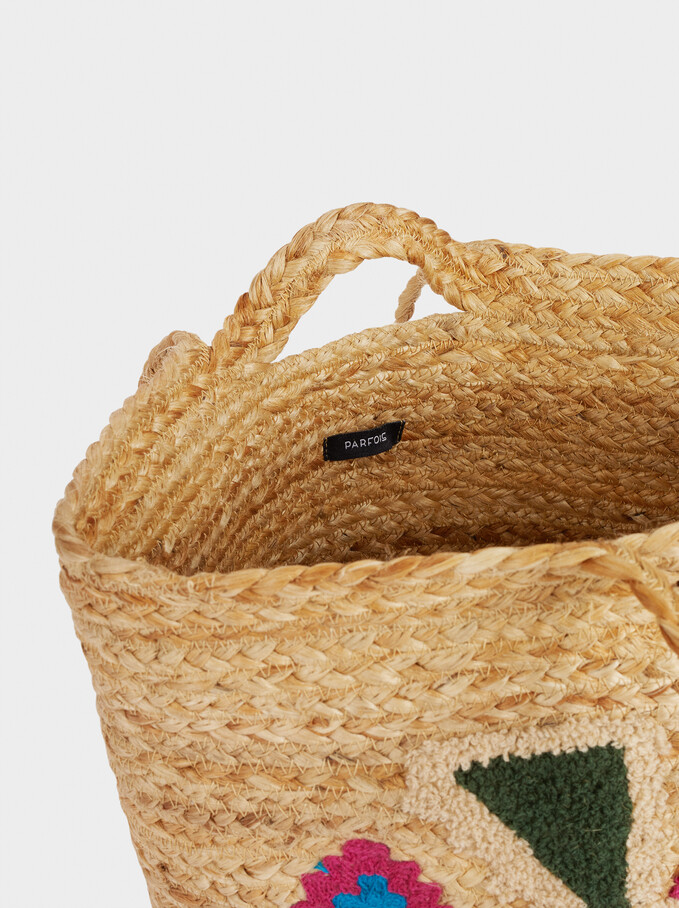 100% Jute Shopper Bag With Embroidery, Beige, hi-res