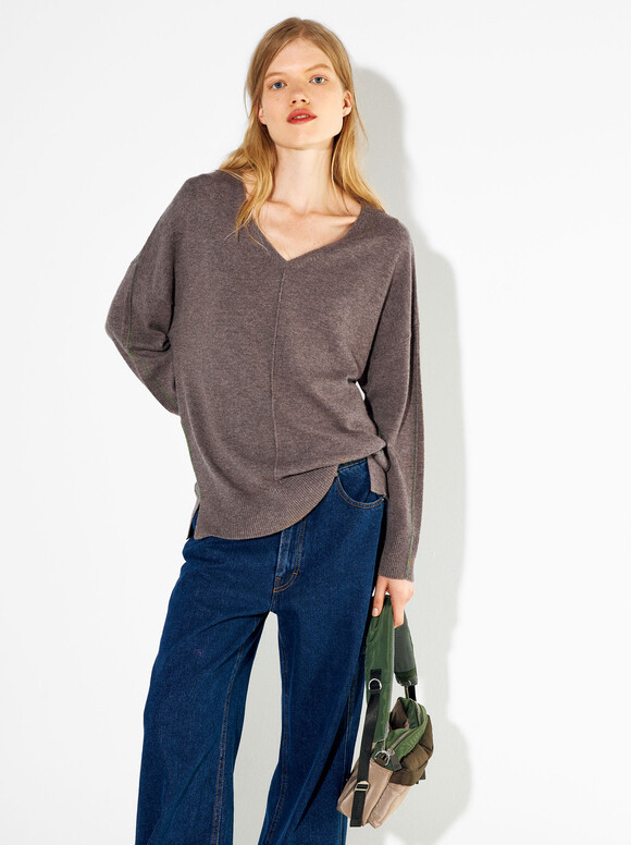Knitted V-Neck Sweater, Camel, hi-res