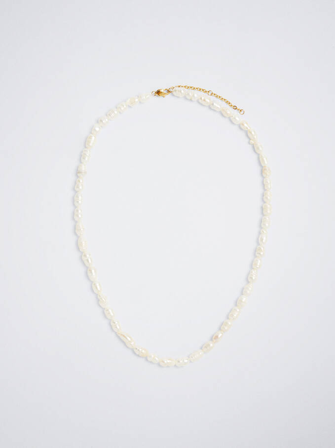 Stainless Steel Necklace With Freshwater Pearl, Golden, hi-res
