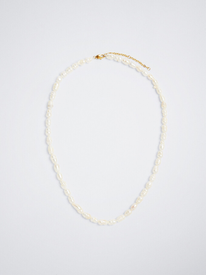 Stainless Steel Necklace With Freshwater Pearl, Golden, hi-res