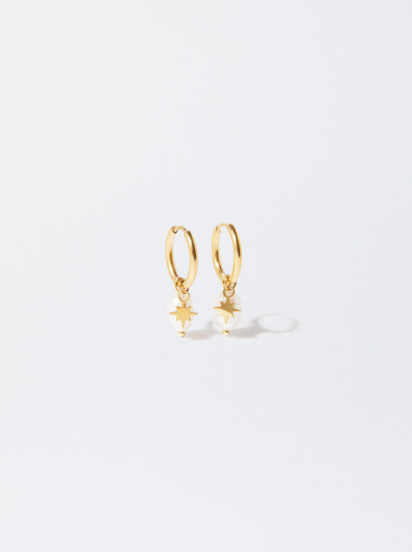 Stainless Steel Hoop Earrings With Pearls, Golden, hi-res