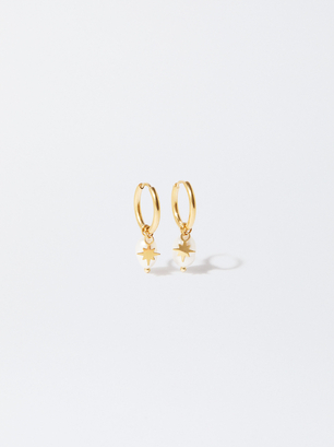 Stainless Steel Hoop Earrings With Pearls, Golden, hi-res