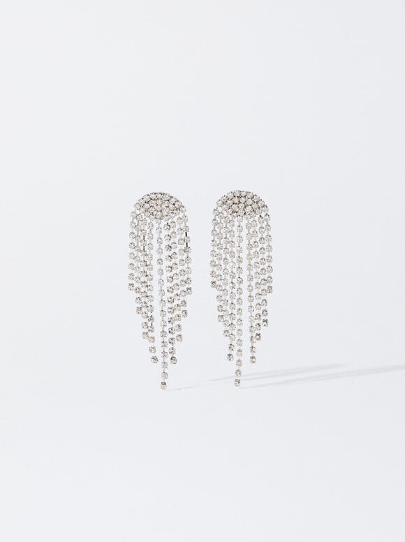 Teardrop Earrings With Crystals, Silver, hi-res