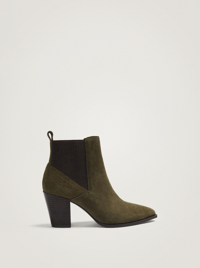 Leather Heeled Ankle Boots, Khaki, hi-res