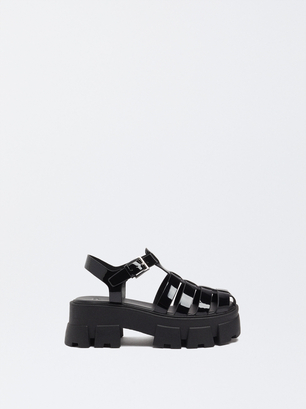 Rubber Platform Sandals, Black, hi-res