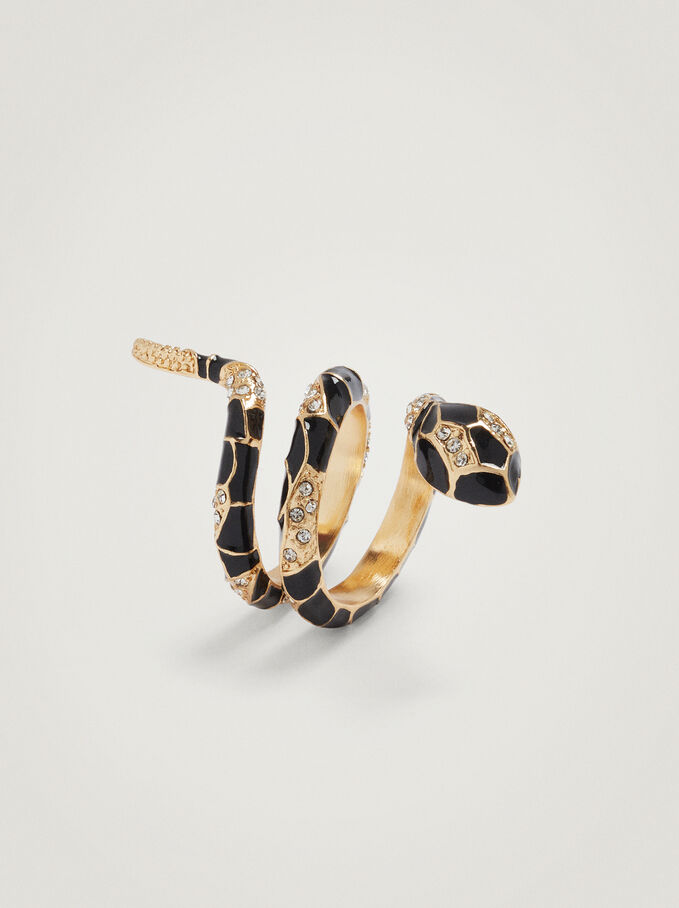 Snake Ring With Strass, Black, hi-res