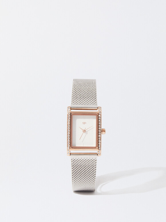 Steel Watch With Strass Dial, Silver, hi-res