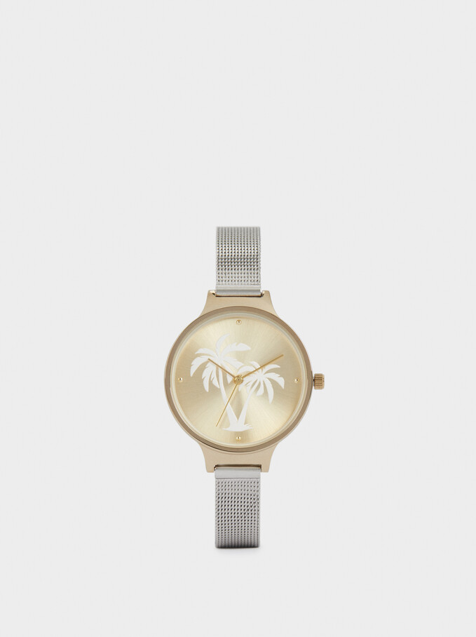 Watch With Stainless Steel Strap And Palm Tree Face, Golden, hi-res