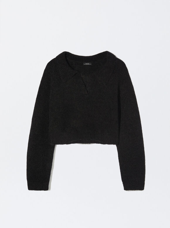 Cropped Knit Sweater, Black, hi-res