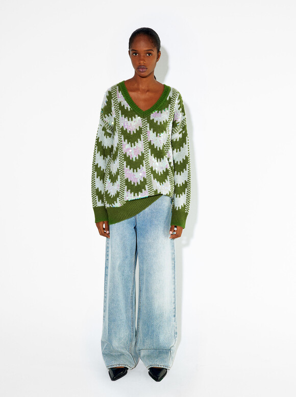 Jacquard Sweater With Appliqués, Green, hi-res