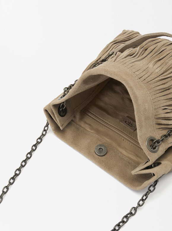 Leather Crossbody Bag With Fringes, Ecru, hi-res
