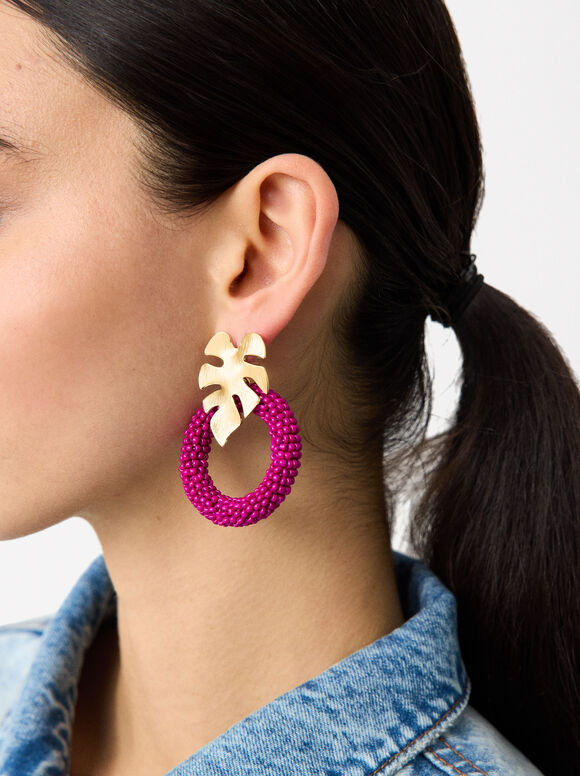 Leaf Earrings With Beads, Purple, hi-res