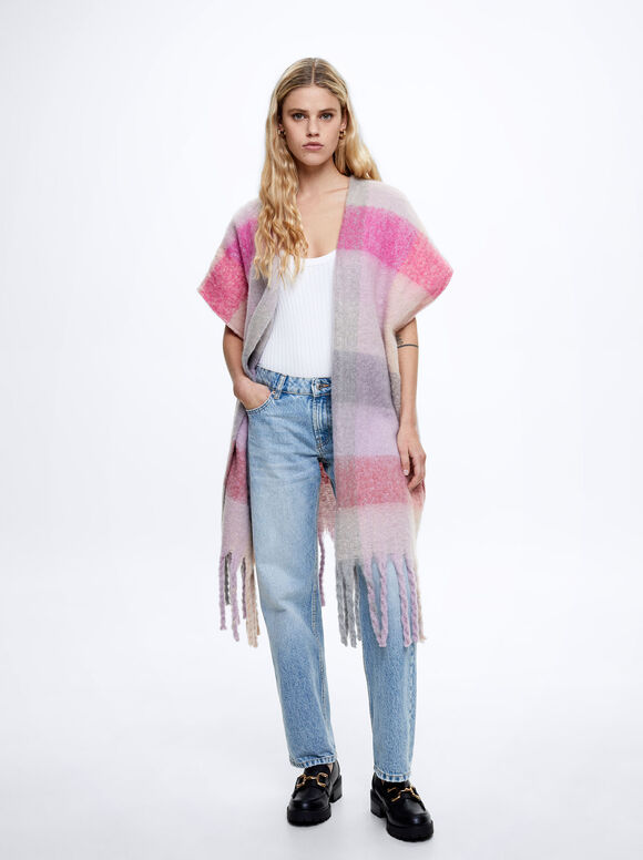 Poncho With Fringes, Pink, hi-res