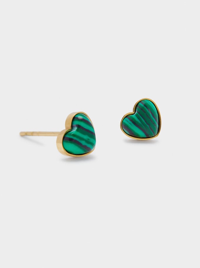 Short Steel And Stone Earrings With Heart, Green, hi-res