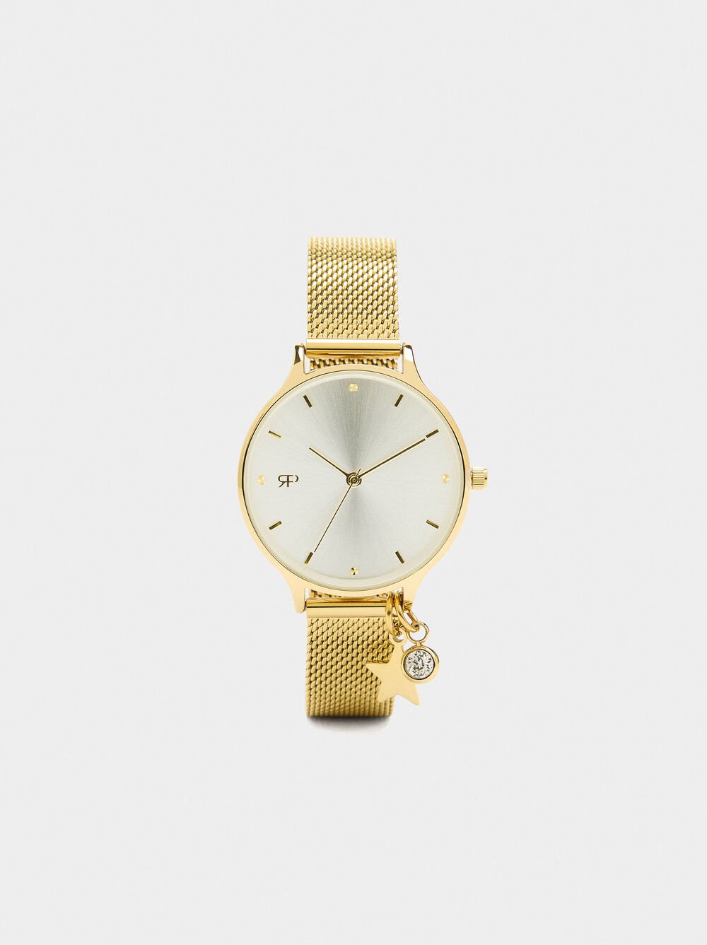 Reloj con pulsera de malla metálica y charm