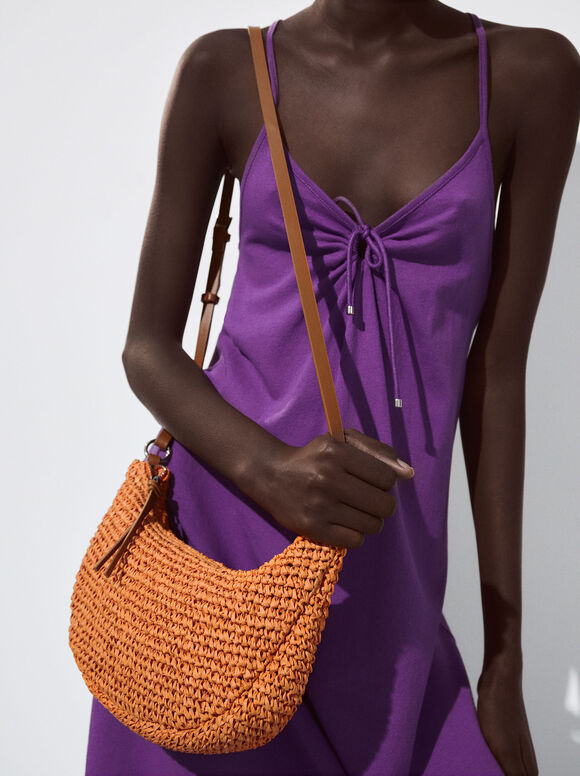 Straw Bag With Chain Strap, Orange, hi-res