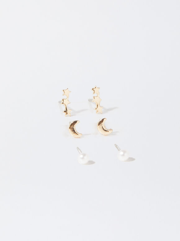Set Of Earrings With Pearl And Charms, Golden, hi-res