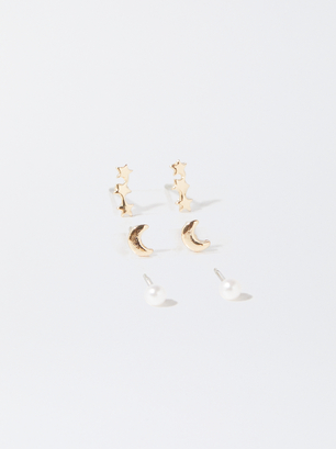 Set Of Earrings With Pearl And Charms, Golden, hi-res