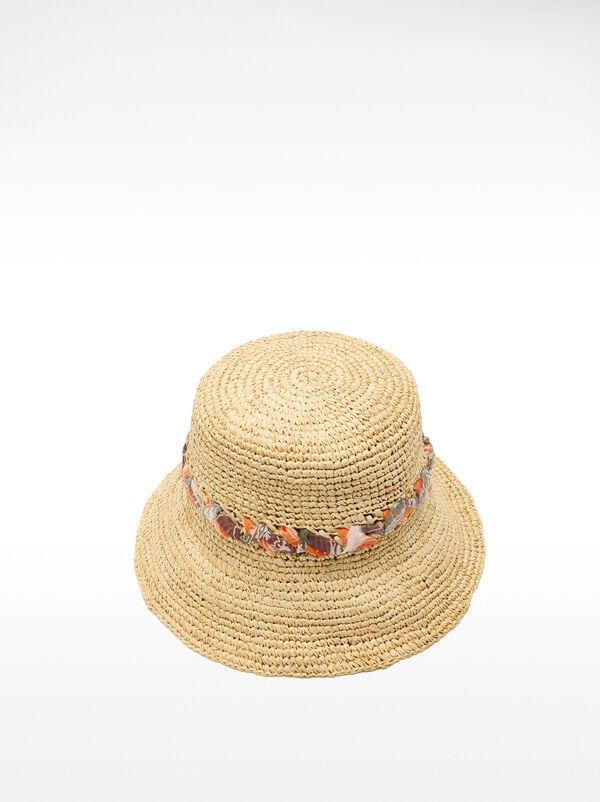 Straw effect bucket hat with ribbon