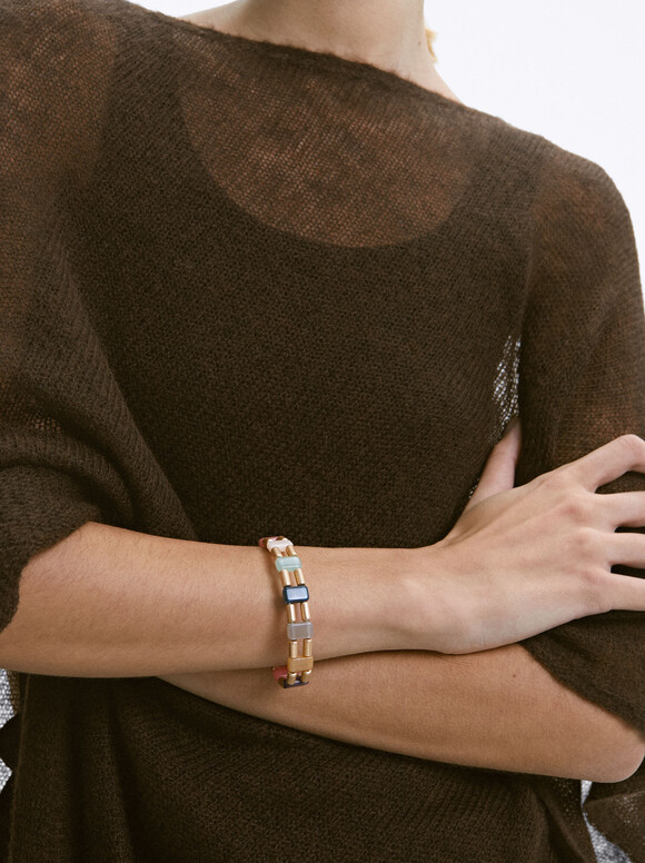 Elastic Golden Bracelet With Stones, Multicolor, hi-res