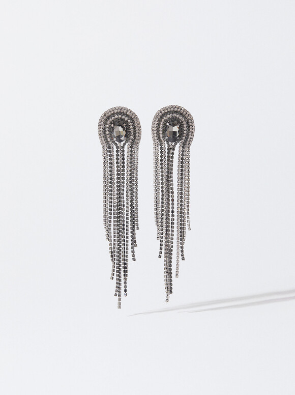 Online Exclusive - Long Earrings With Crystals, Silver, hi-res