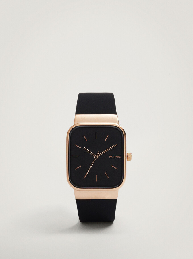 Watch With Silicone Strap And A Square Face, Black, hi-res
