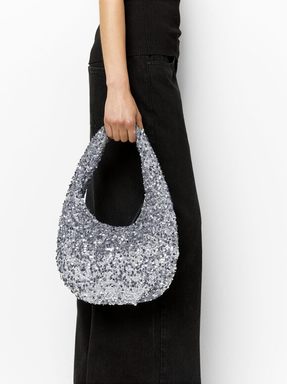Shoulder Bag With Sequins, Grey, hi-res