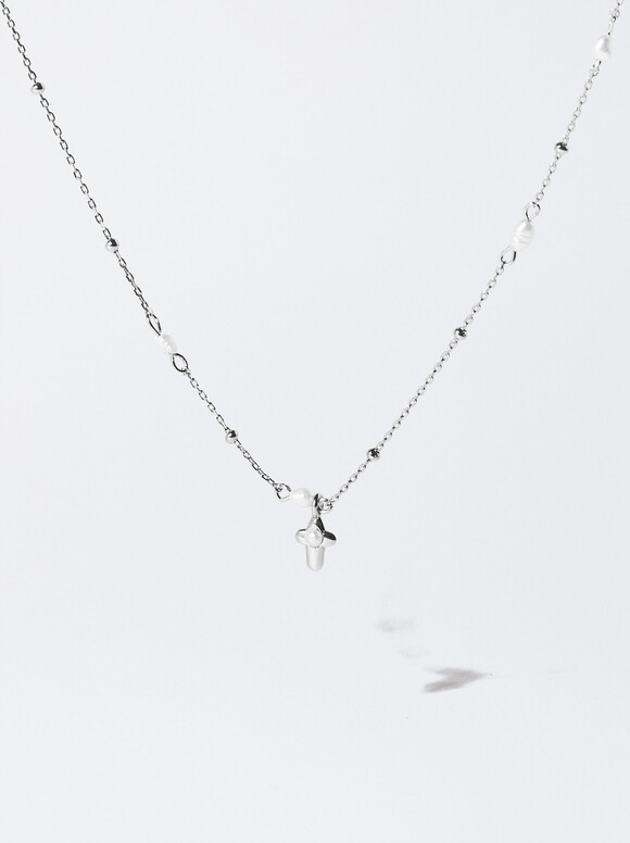 Collier Court En Argent 925 Avec Perles, Blanc, hi-res