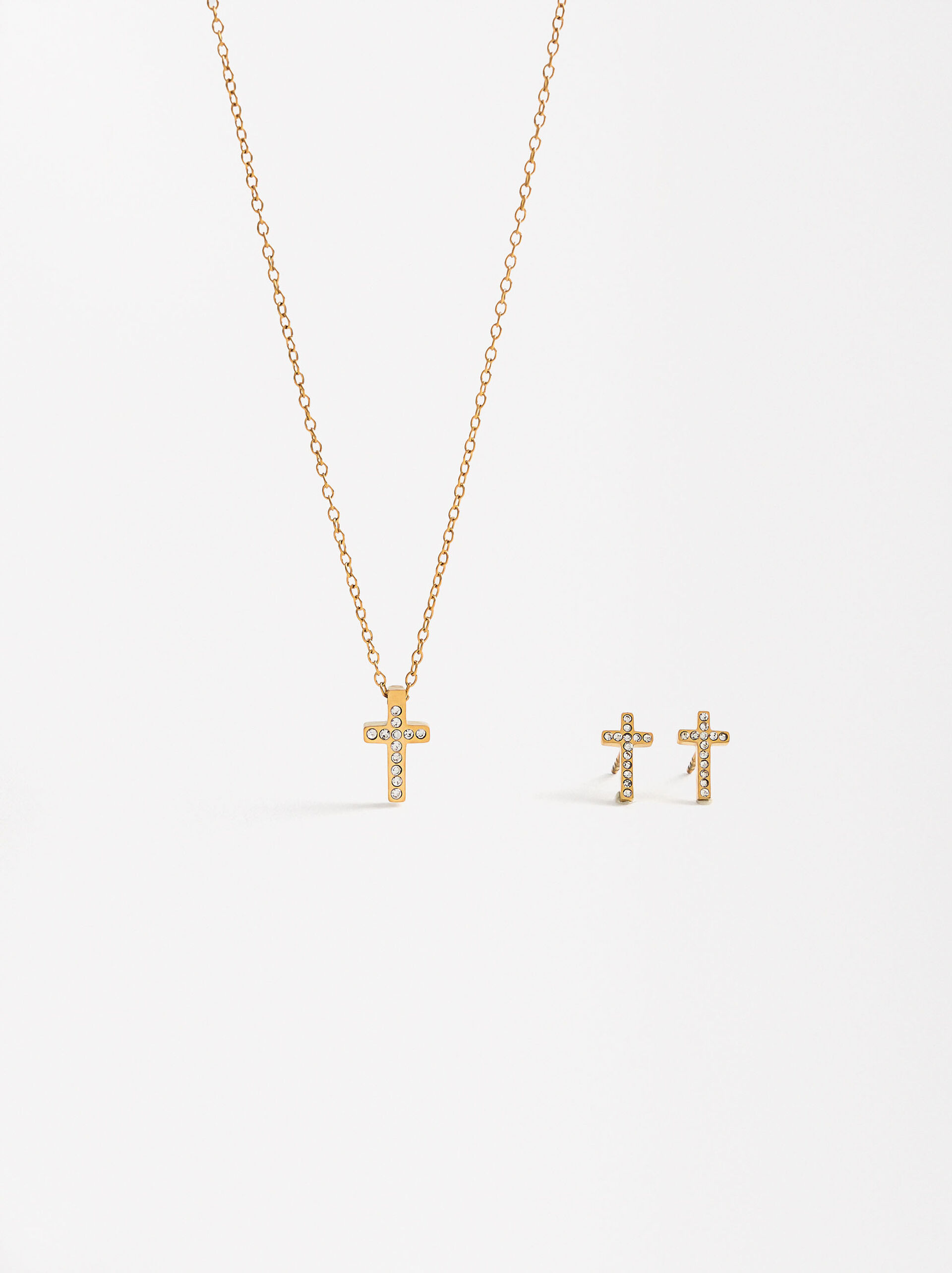 Cross Crystal Earrings Set with Necklace - Stainless Steel image number 2.0