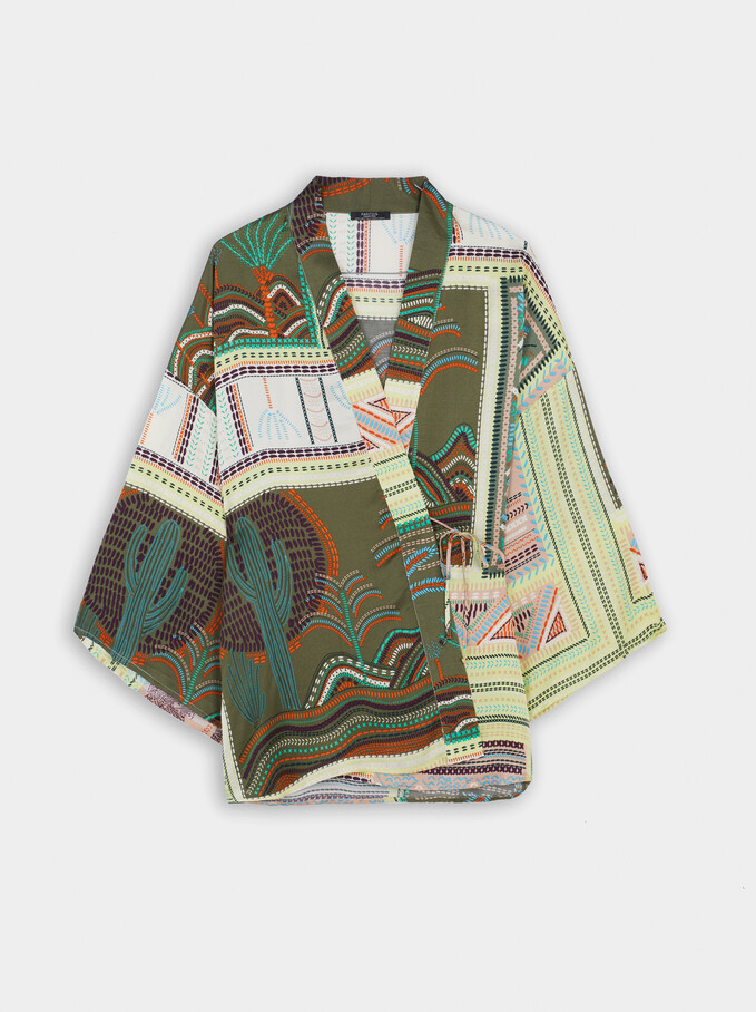 Kimono De Raso Estampado, Verde, hi-res