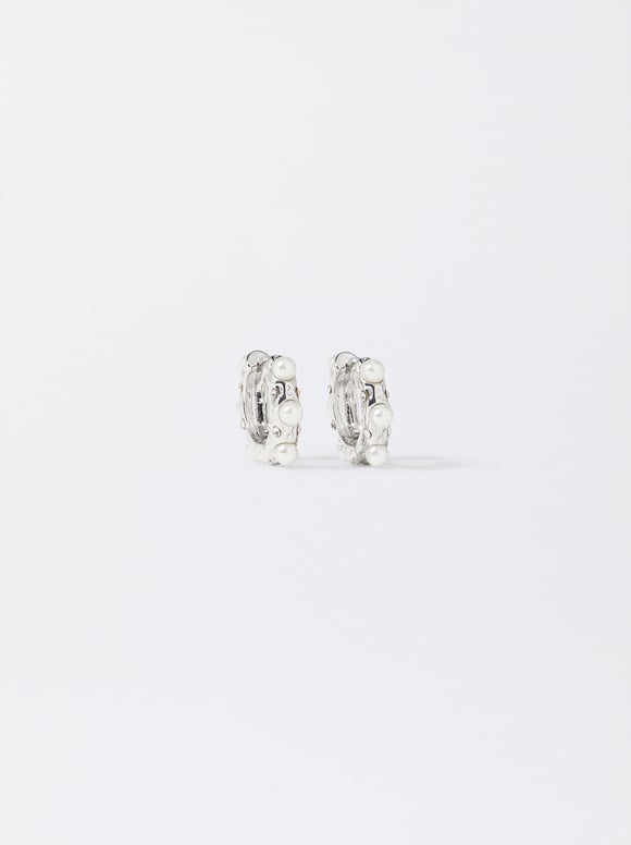 Silver Hoop Earrings With Crystals, Silver, hi-res