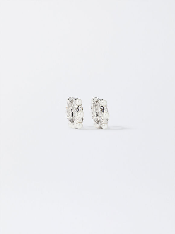 Silver Hoop Earrings With Crystals, Silver, hi-res