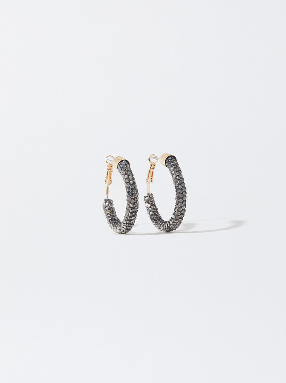Silver Hoop Earrings, Black, hi-res