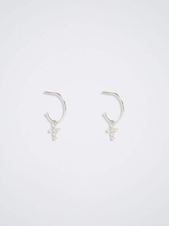 925 Silver Hoop Earrings With Cross, Silver, hi-res