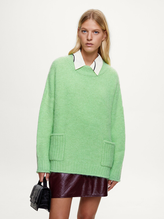 Knitted Sweater With Pockets, Green, hi-res
