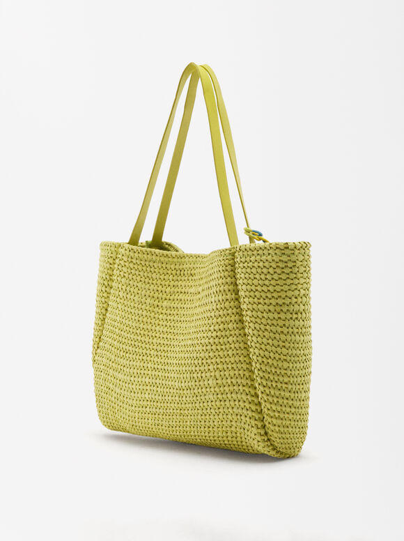 Straw Effect Shopper Bag, Lime, hi-res
