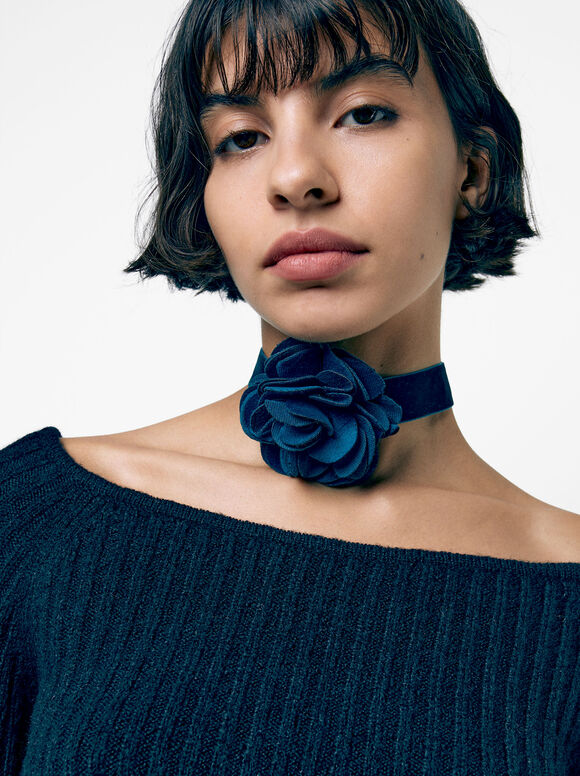 Velvet Flower Choker Necklace, Blue, hi-res