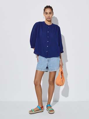 Textured Shirt With Puffed Sleeves, Blue, hi-res