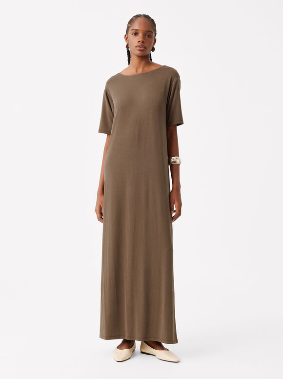 Long Dress With Short Sleeves , Brown, hi-res