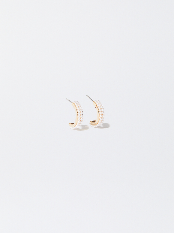 Golden Hoop Earrings With Pearls, , hi-res