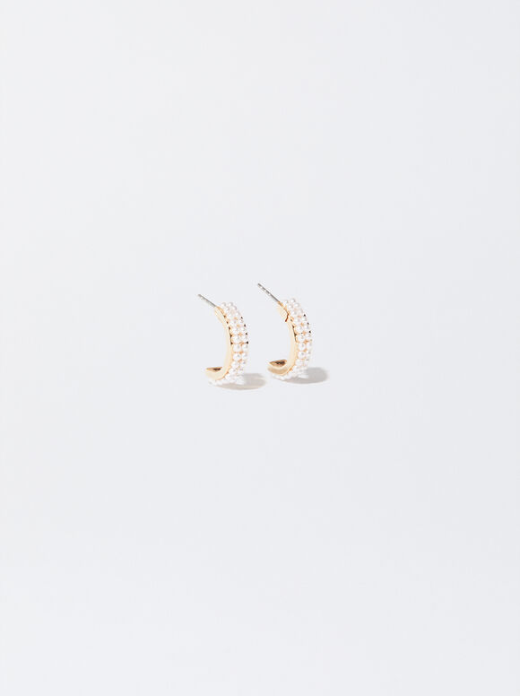 Golden Hoop Earrings With Pearls, , hi-res
