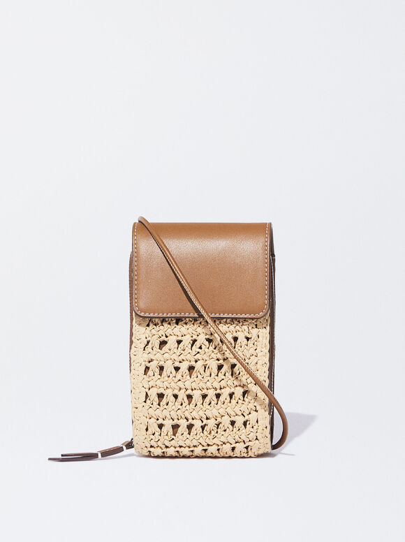 Straw-Effect Mobile Phone Bag, Beige, hi-res
