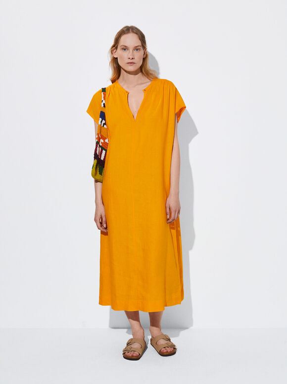 Linen Dress, Orange, hi-res