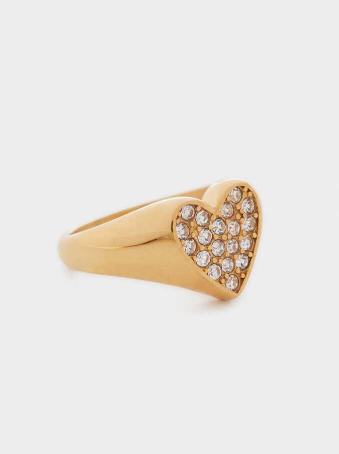 Pinky Finger Stainless Steel Signet Heart Ring, Golden, hi-res