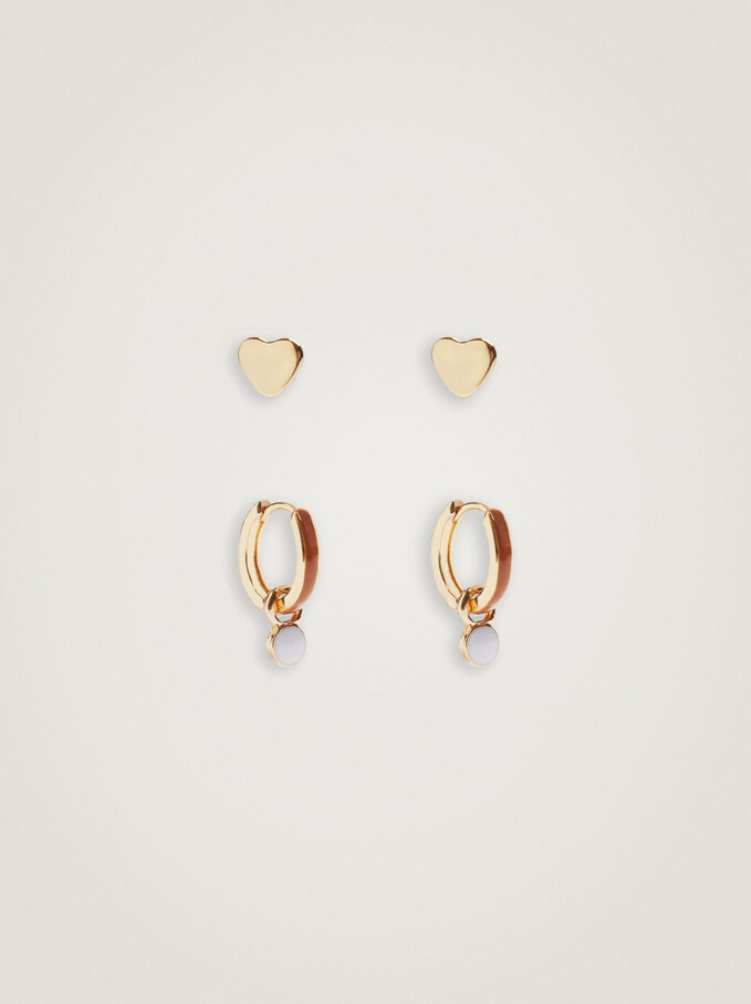 Set Of Hoops With Enamel And Heart, Beige, hi-res