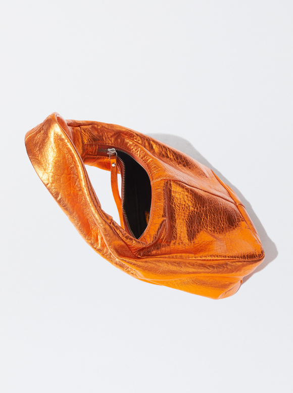 Metallic Leather Shoulder Bag., Orange, hi-res