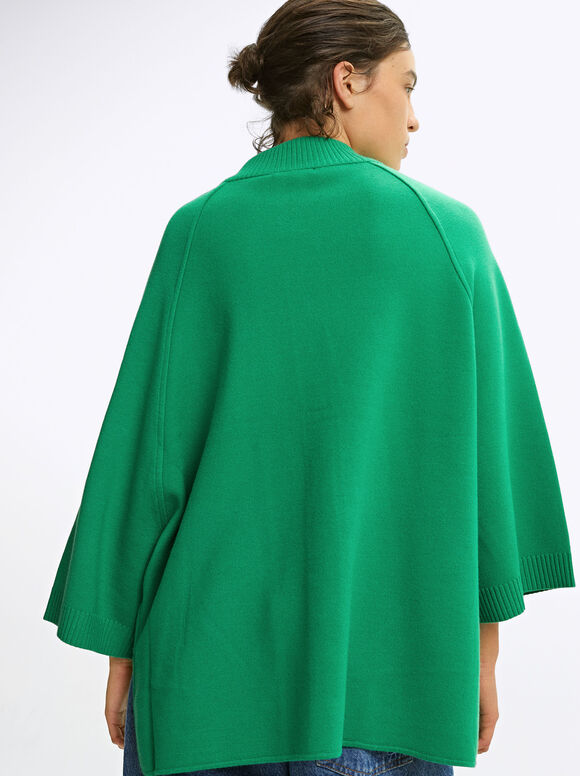 Round Neck Knitted Poncho, Green, hi-res