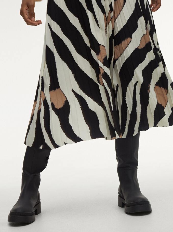 Animal Print Pleated Skirt, Ecru, hi-res
