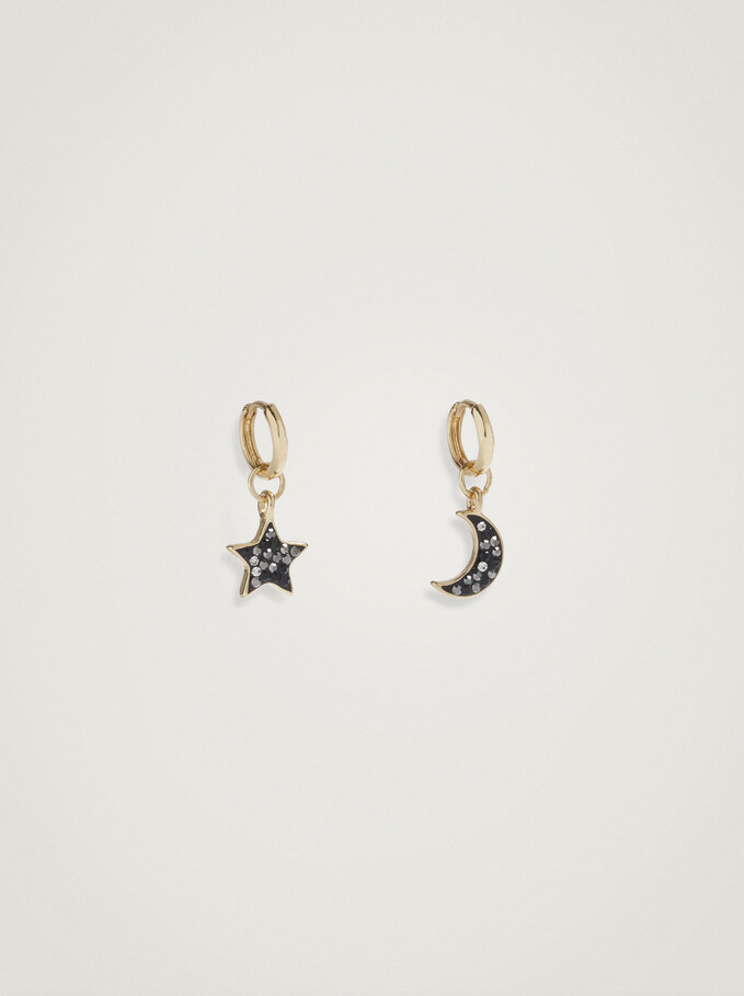 Short Hoop Earrings With Moon And Star, Multicolor, hi-res