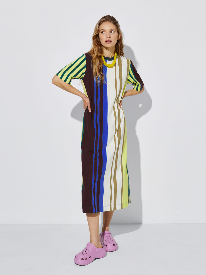 Robe Midi Rayé, Multicolore, hi-res